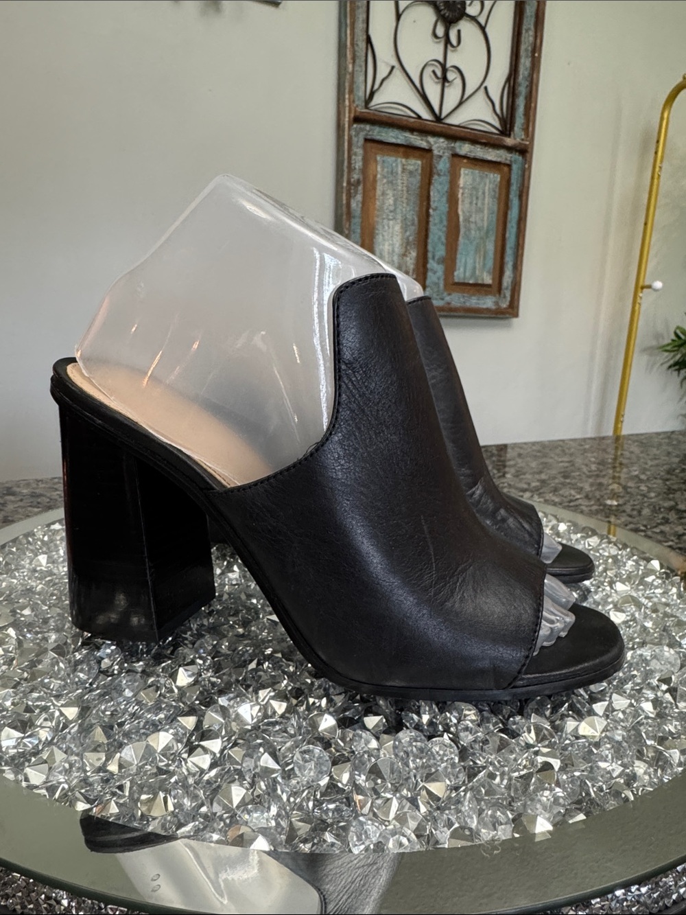 Aldo Black leather Open-Toe Block Heel Mules EUC
